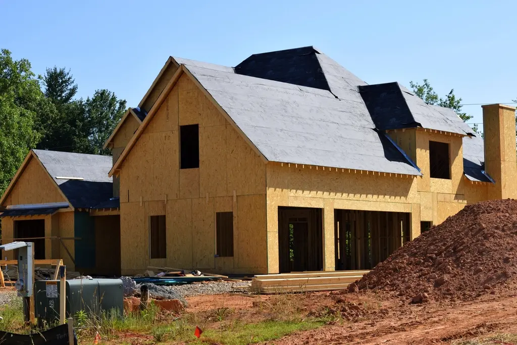 Two-storey house framed and sheathed during construction